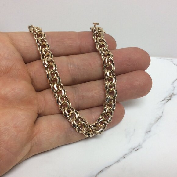 14K Yellow Real Solid Gold 8.00mm double Circle Curb Link Charm Bracelet 7 1/2'' - Picture 5 of 8